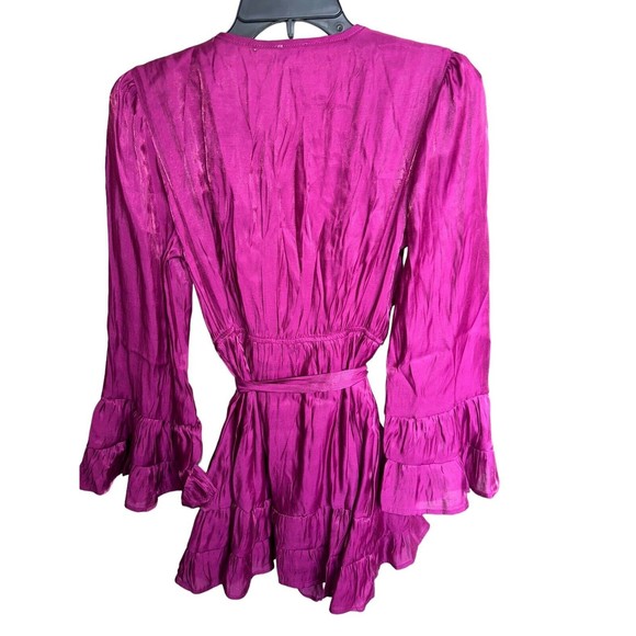 Metallic Fuchsia Tiered Satin Pleated Belted A Line V Neck Womens Medium Dress - Picture 14 of 16